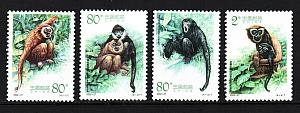 Китай _, 2002, Фаунв, Обезьяны, Гиббоны, 4 марки